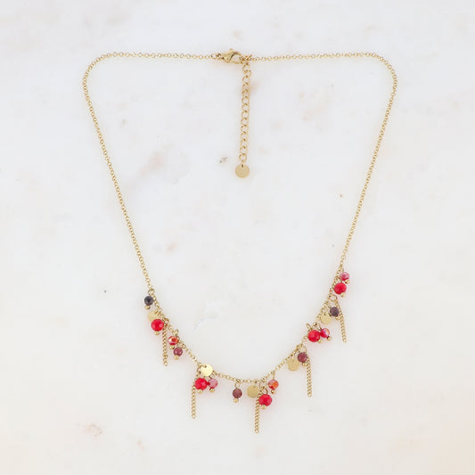 Collier avec pastilles, chaînes, pâtes de verre et pierre naturelle (40+5CM)