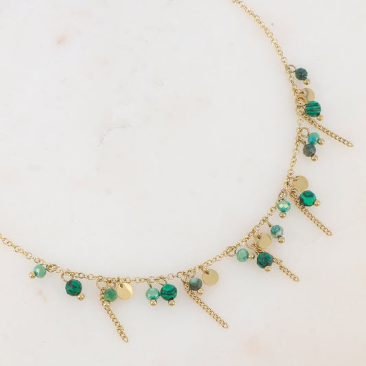 Collier avec pastilles, chaînes, pâtes de verre et pierre naturelle (40+5CM)