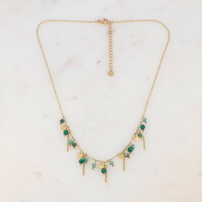 Collier avec pastilles, chaînes, pâtes de verre et pierre naturelle (40+5CM)