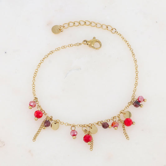 Bracelet avec pastilles, chaînes, pâtes de verre et pierre naturelle