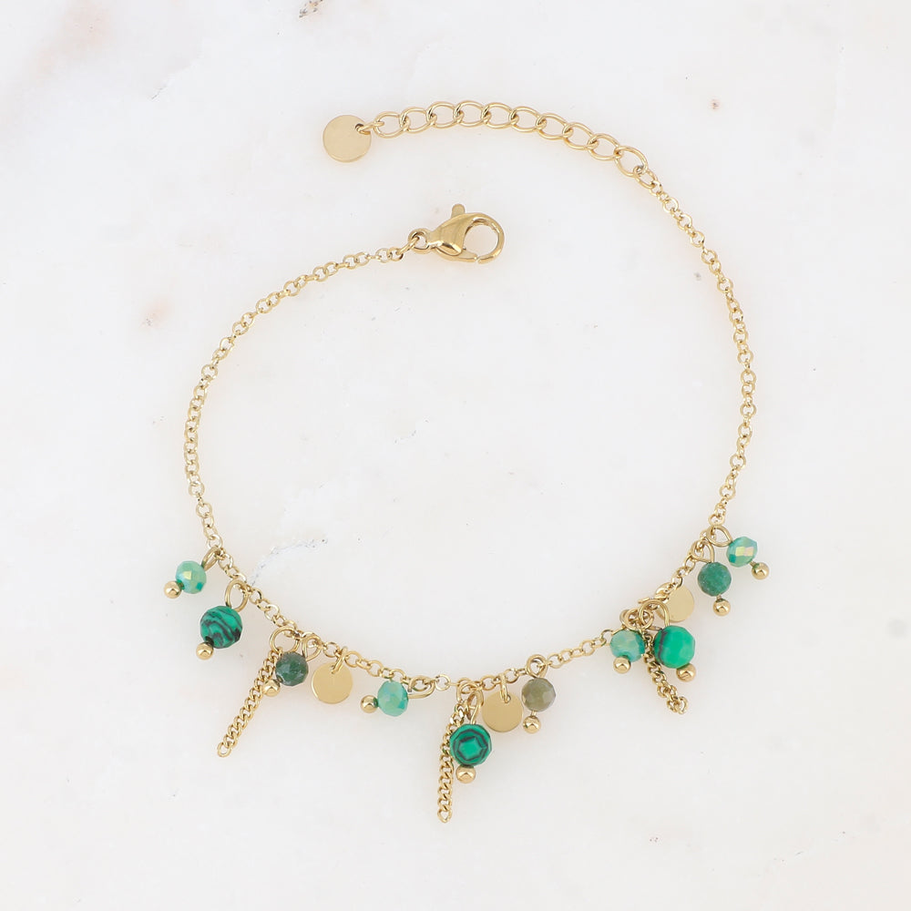 Bracelet avec pastilles, chaînes, pâtes de verre et pierre naturelle