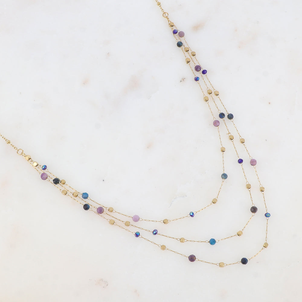 Collier triple rangs avec pâtes de verre et pierre naturelle (39/41/43+5CM)
