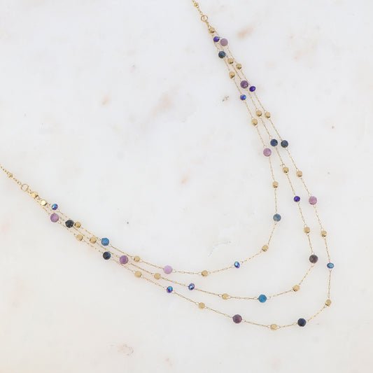 Collier triple rangs avec pâtes de verre et pierre naturelle (39/41/43+5CM)