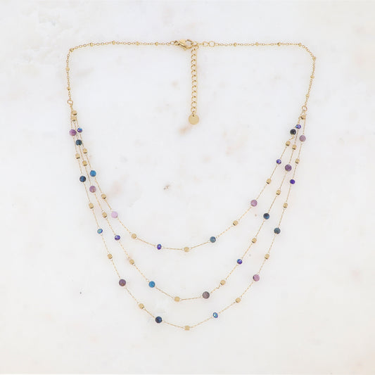 Collier triple rangs avec pâtes de verre et pierre naturelle (39/41/43+5CM)