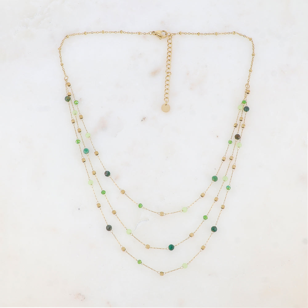 Collier triple rangs avec pâtes de verre et pierre naturelle (39/41/43+5CM)