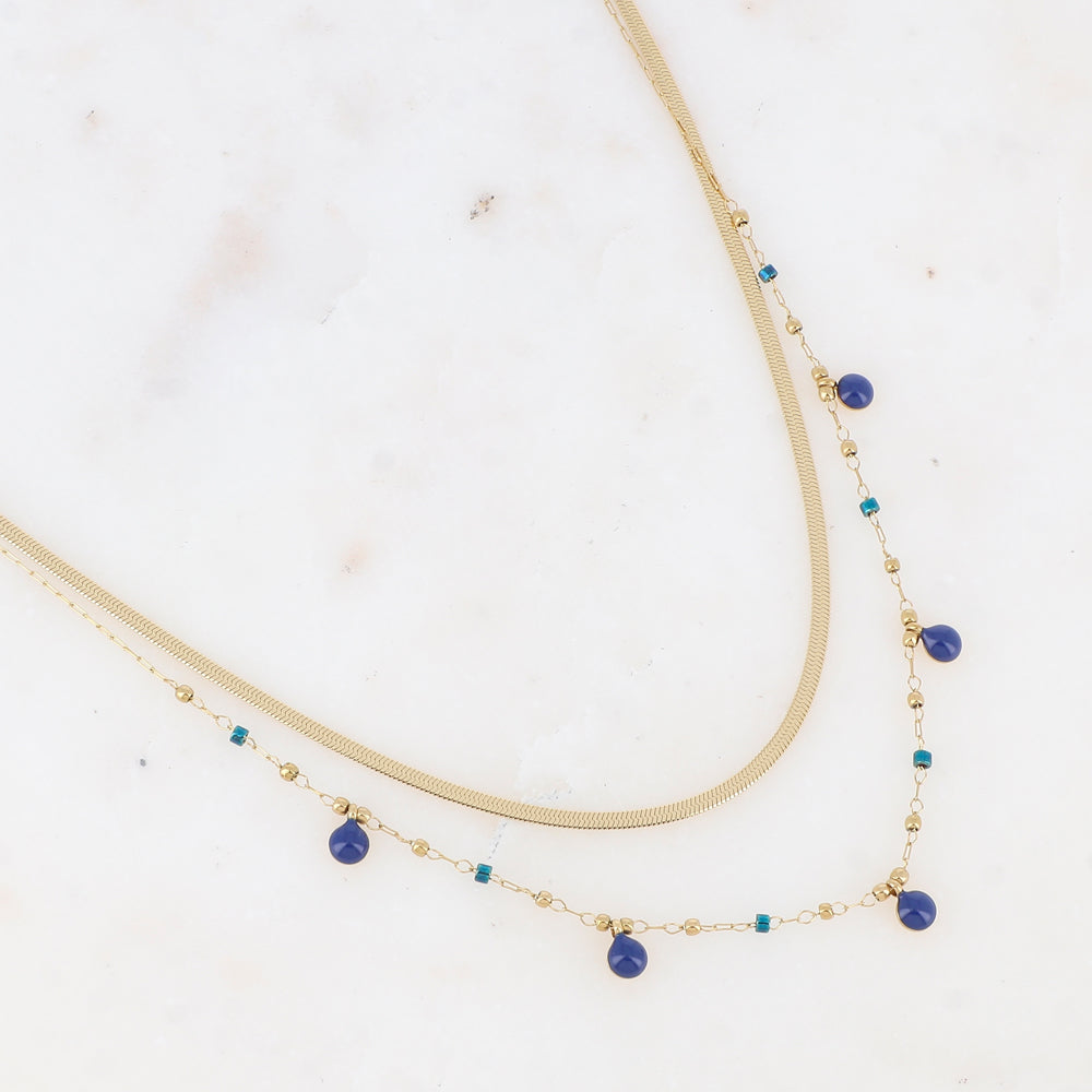 Collier double rangs avec perles de rocaille et pastilles émaillées (39/41+5CM)