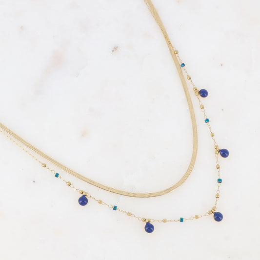 Collier double rangs avec perles de rocaille et pastilles émaillées (39/41+5CM)