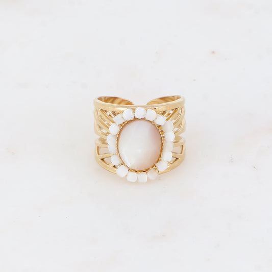 Bague ajourée avec des perles en pierre naturelle - Agate blanche