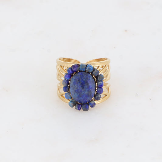 Bague ajourée avec des perles en pierre naturelle - Lapis lazulite