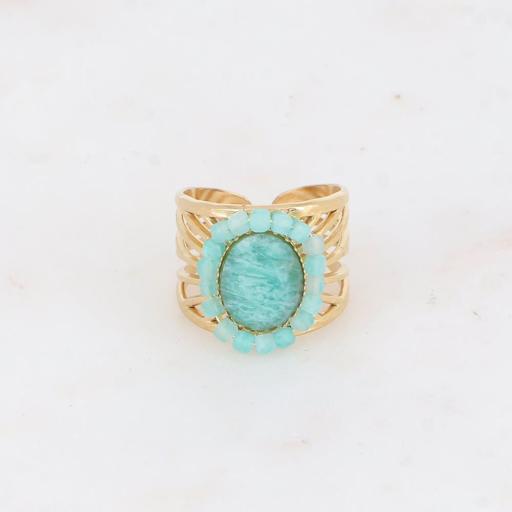 Bague ajourée avec des perles en pierre naturelle - Amazonite