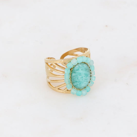 Bague ajourée avec des perles en pierre naturelle - Amazonite
