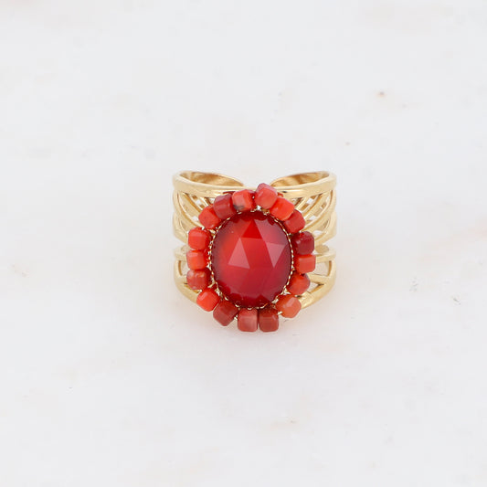 Bague ajourée avec des perles en pierre naturelle - Cornaline