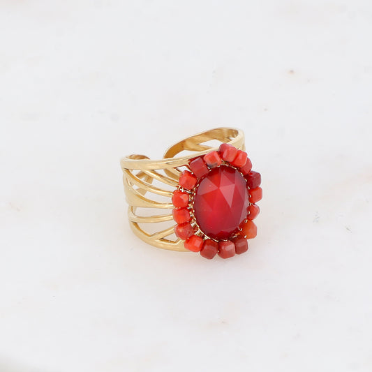 Bague ajourée avec des perles en pierre naturelle - Cornaline