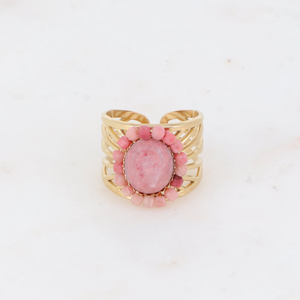 Bague ajourée avec des perles en pierre naturelle - Rhodonite