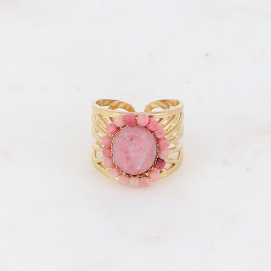 Bague ajourée avec des perles en pierre naturelle - Rhodonite