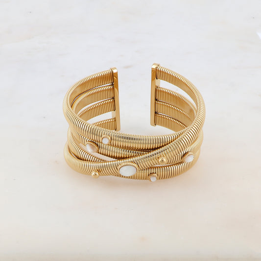 Manchette 4 rangs style croisé avec petites boules et pierres naturelles ovales et rondes