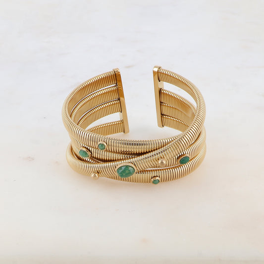 Manchette 4 rangs style croisé avec petites boules et pierres naturelles ovales et rondes