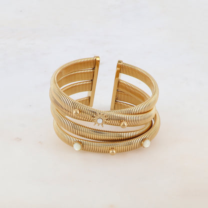 Manchette 4 rangs style double croisé avec soleil, petites boules et pierres naturelles