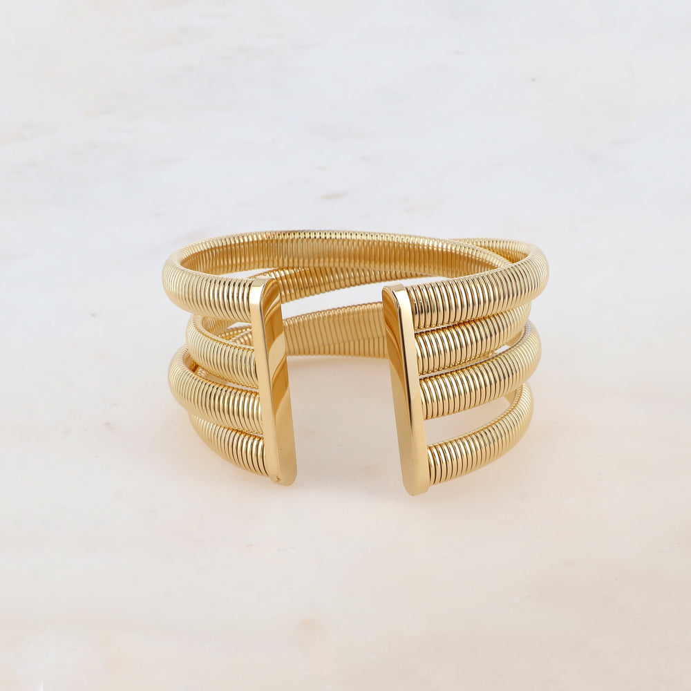Manchette 4 rangs style double croisé avec soleil, petites boules et pierres naturelles