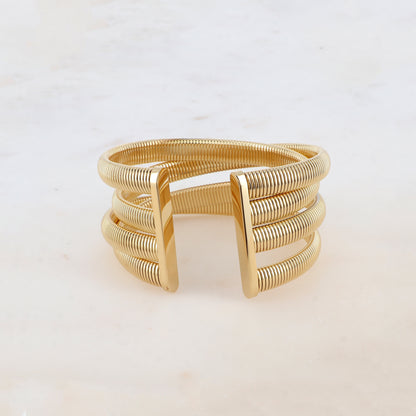 Manchette 4 rangs style double croisé avec soleil, petites boules et pierres naturelles