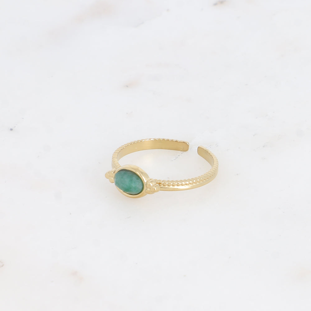Bague - pierre naturelle jaspe vert ovale et 3 grains