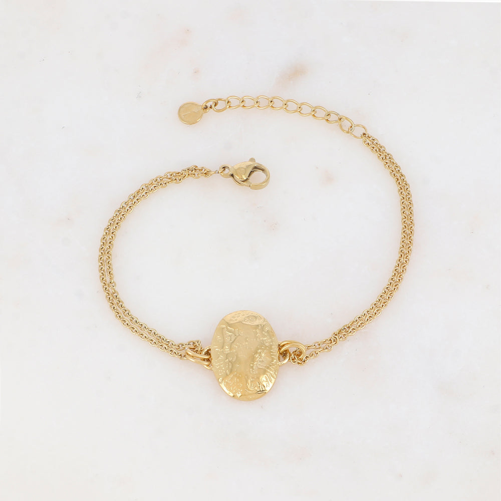 Bracelet double rangs avec pièce martelée ovale