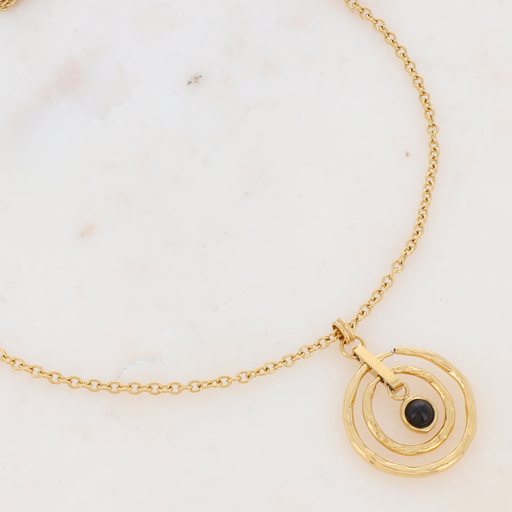 Collier avec anneaux texturés et pierre naturelle (60+5CM)