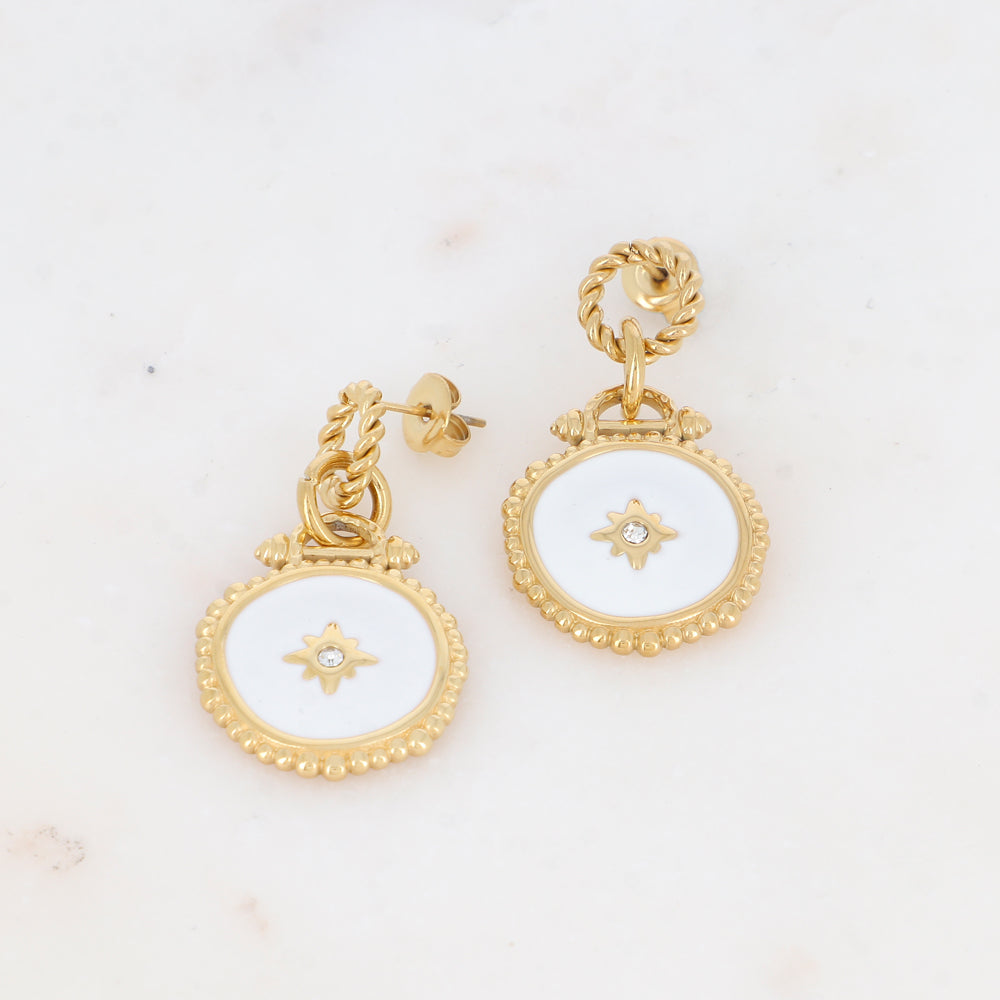 B.O à puce avec pièce émaillée et strass 2 x 3,5 cm.