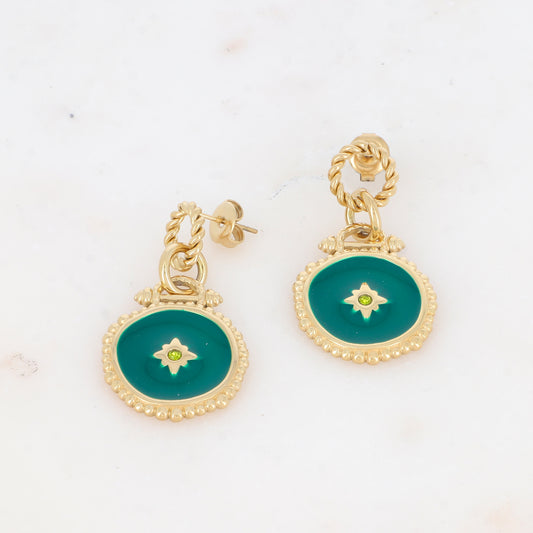 B.O à puce avec pièce émaillée et strass 2 x 3,5 cm.
