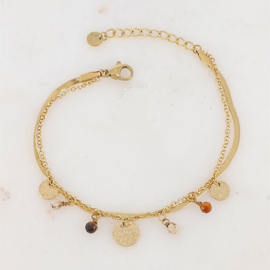 Bracelet 2 rangs avec pampilles rondes martelées et pierres naturelles