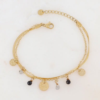 Bracelet 2 rangs avec pampilles rondes martelées et pierres naturelles