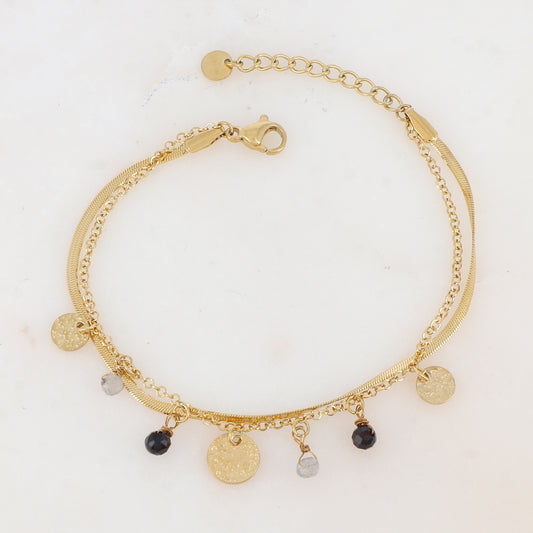 Bracelet 2 rangs avec pampilles rondes martelées et pierres naturelles