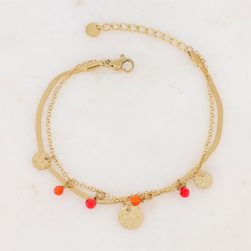 Bracelet 2 rangs avec pampilles rondes martelées et pierres naturelles