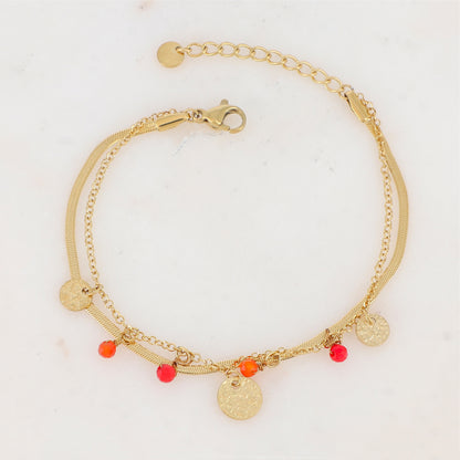 Bracelet 2 rangs avec pampilles rondes martelées et pierres naturelles