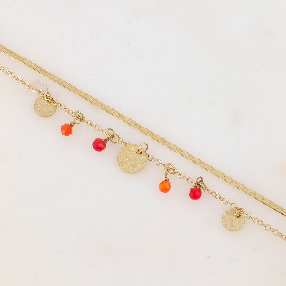 Bracelet 2 rangs avec pampilles rondes martelées et pierres naturelles