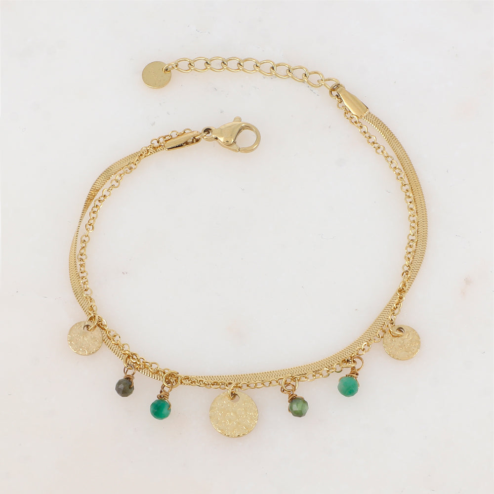 Bracelet 2 rangs avec pampilles rondes martelées et pierres naturelles