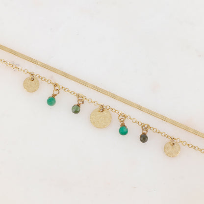 Bracelet 2 rangs avec pampilles rondes martelées et pierres naturelles
