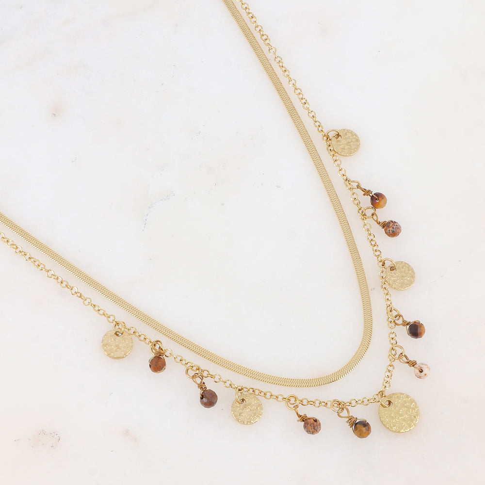 Collier 2 rangs avec pampilles rondes martelées et pierres naturelles (39/41+7CM)