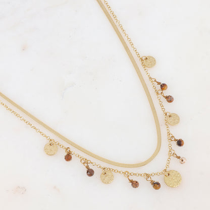 Collier 2 rangs avec pampilles rondes martelées et pierres naturelles (39/41+7CM)