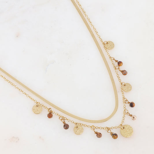 Collier 2 rangs avec pampilles rondes martelées et pierres naturelles (39/41+7CM)