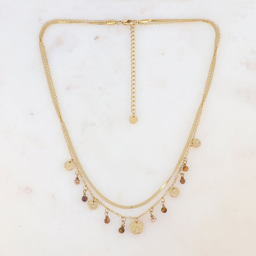 Collier 2 rangs avec pampilles rondes martelées et pierres naturelles (39/41+7CM)