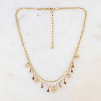 Collier 2 rangs avec pampilles rondes martelées et pierres naturelles (39/41+7CM)