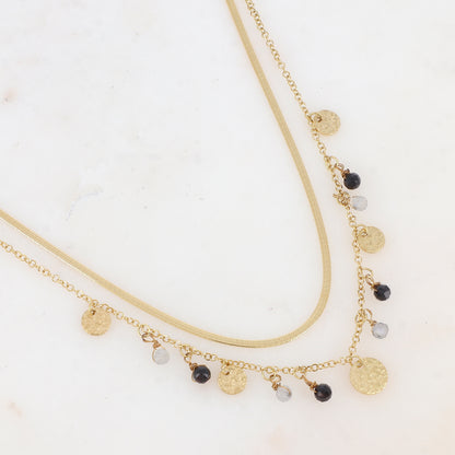 Collier 2 rangs avec pampilles rondes martelées et pierres naturelles (39/41+7CM)