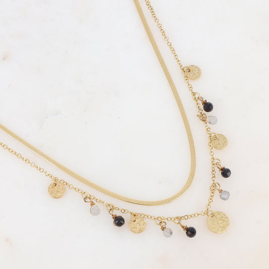 Collier 2 rangs avec pampilles rondes martelées et pierres naturelles (39/41+7CM)