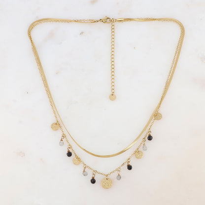Collier 2 rangs avec pampilles rondes martelées et pierres naturelles (39/41+7CM)
