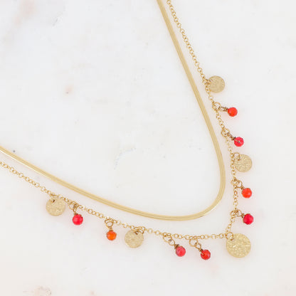 Collier 2 rangs avec pampilles rondes martelées et pierres naturelles (39/41+7CM)