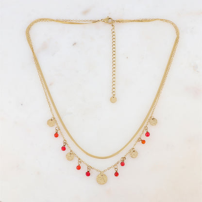 Collier 2 rangs avec pampilles rondes martelées et pierres naturelles (39/41+7CM)