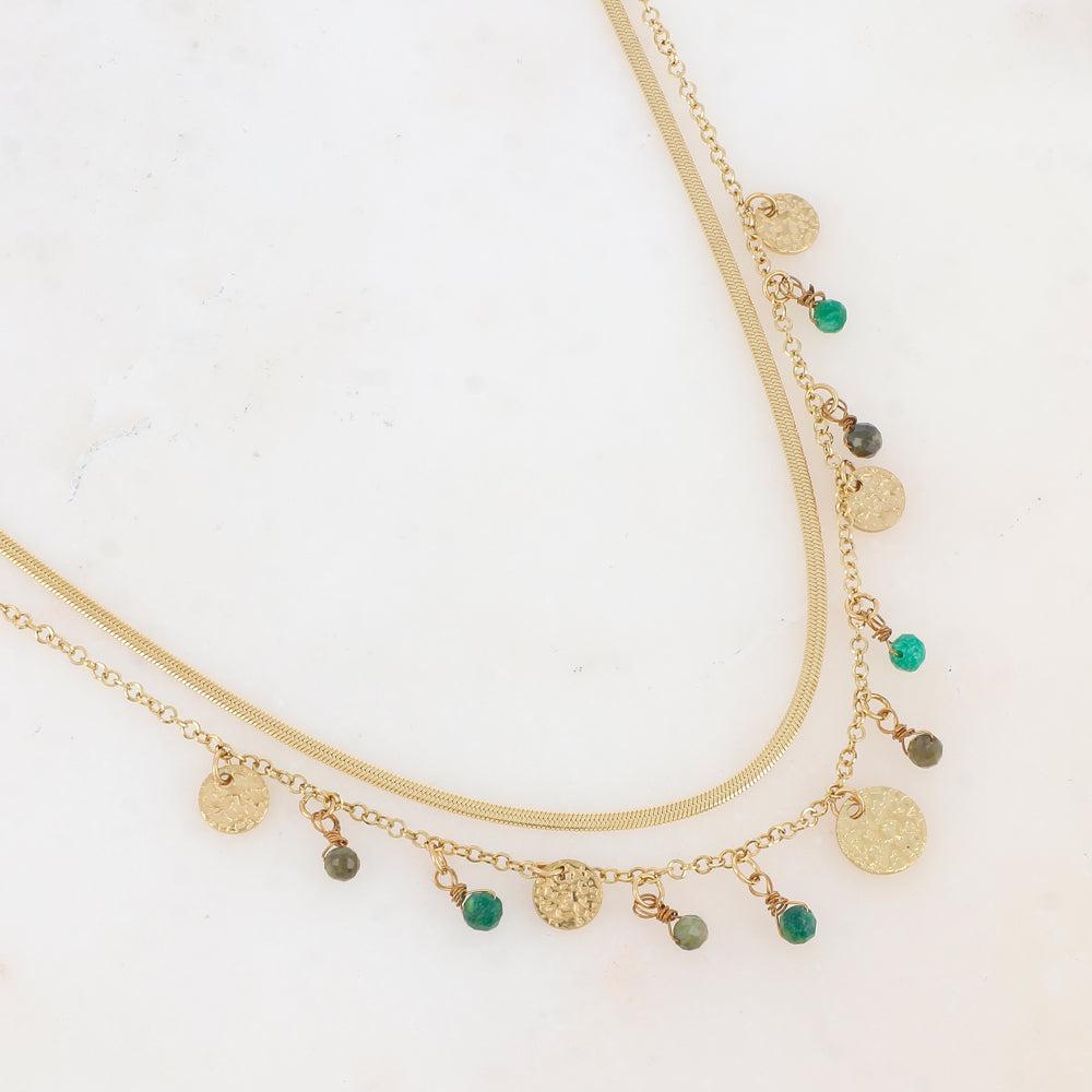 Collier 2 rangs avec pampilles rondes martelées et pierres naturelles (39/41+7CM)