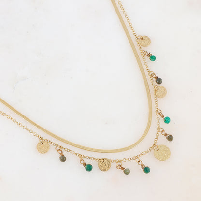 Collier 2 rangs avec pampilles rondes martelées et pierres naturelles (39/41+7CM)