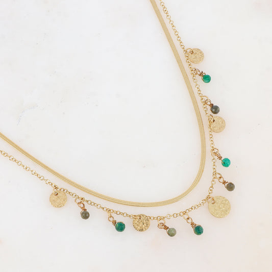 Collier 2 rangs avec pampilles rondes martelées et pierres naturelles (39/41+7CM)
